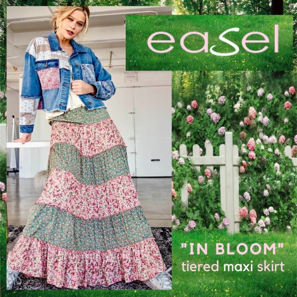 NWT EASEL ContrasT Floral Print Ruffled Trim Tiered Flowy Maxi Skirt